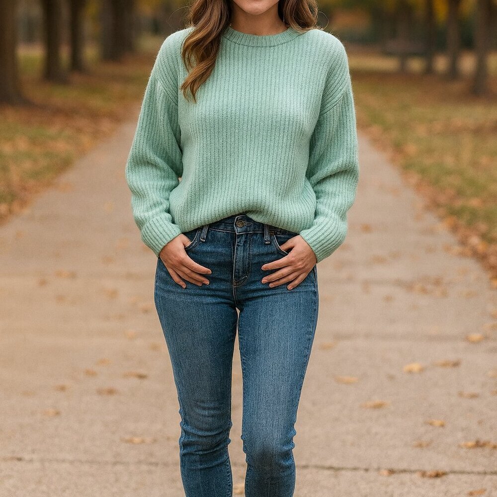 JOIE Braided Ribbed Knit Cashmere Wool Crop Sweater Tiffany Green S Small
